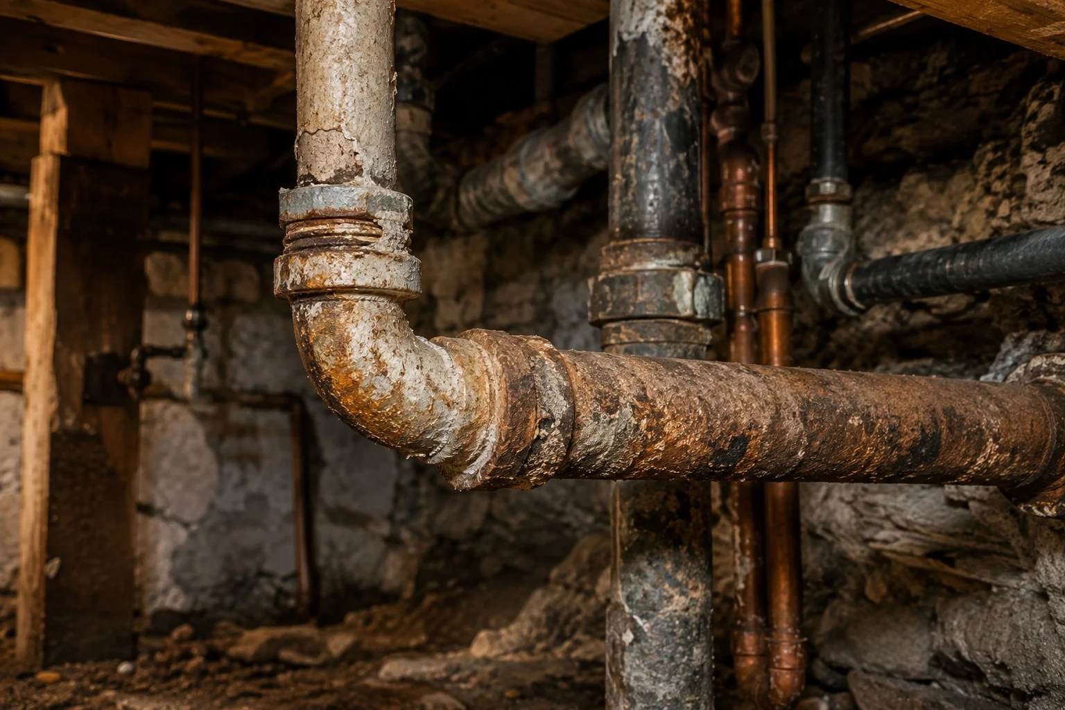 Corroded Basement Plumbing Tangle