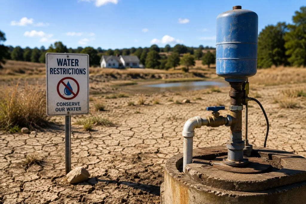 Drought Landscape with Water Restrictions and Well Pump