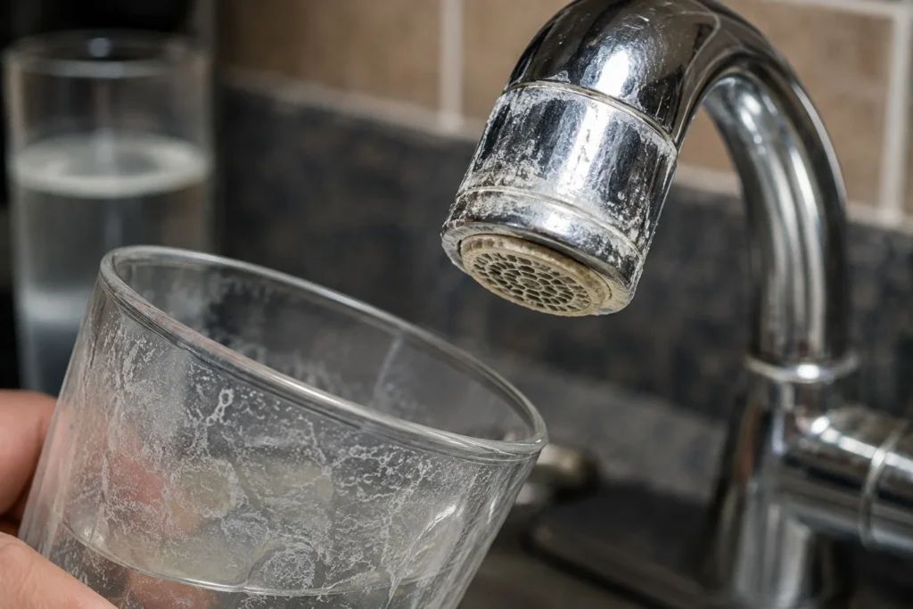 Limescale-Crusted Faucet and Glass