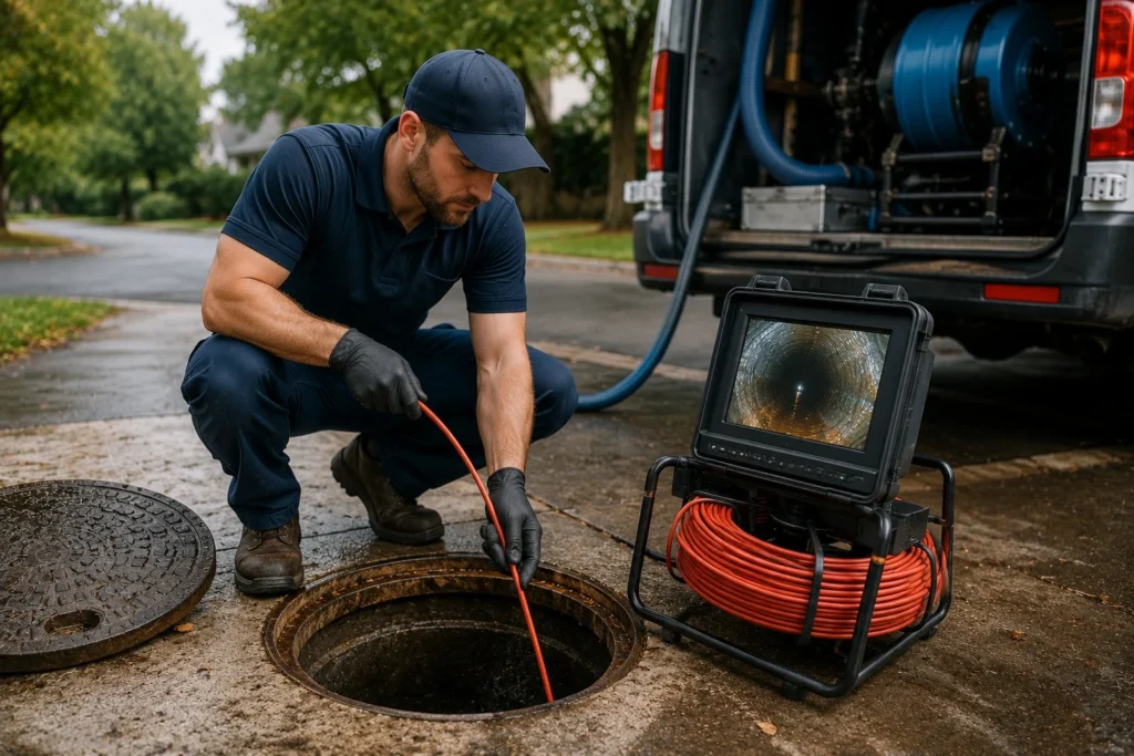 plumber inspecting sewer with camera in hickory