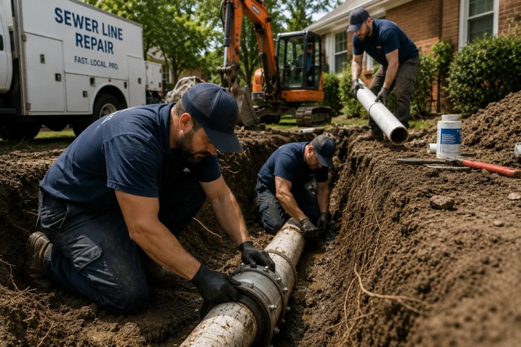 plumbers repairing sewer pipes